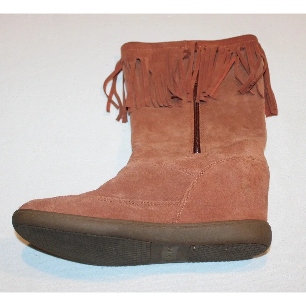 women's Skechers SKCH+3 hidden wedge suede boots Sz 10 rust fringe 48091